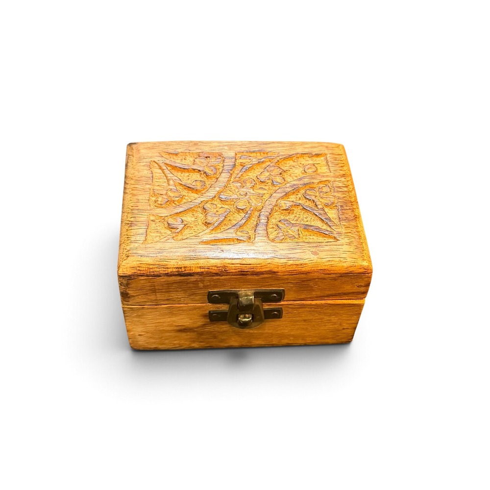 Hand Carved Floral Wood Trinket Box Small Keepsake Jewelry Chest with Latch